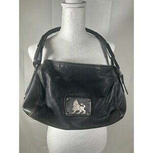 MCM Black Leather Shoulder Handbag Lion Emblem Zip Top #283
